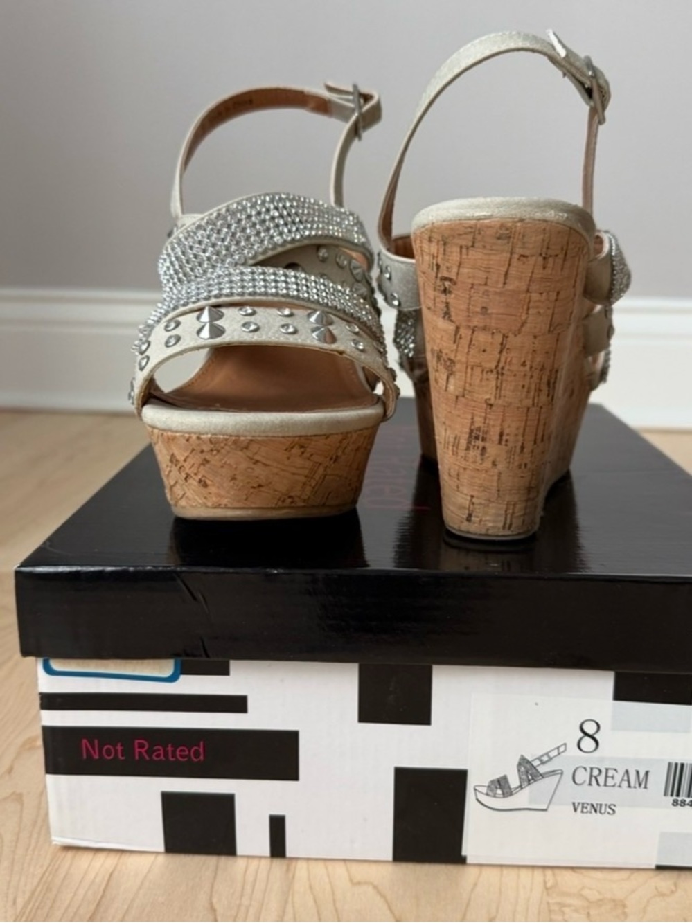 VENUS Silver Rhinestone & Stud Cork Platform Wedge Sandals - Picture 2 of 8